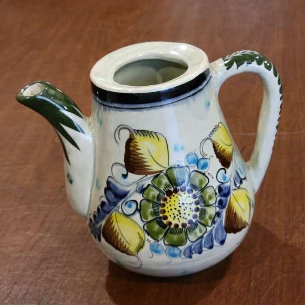 Vintage Tonala Mexican Folk Art Pottery Clay Floral Teapot Coffee pot signed CAT